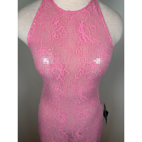 Retrofete Shivonne Sheer Floral Sequin Halterneck Paradise Pink Maxi Dress Sz L - Picture 4 of 11